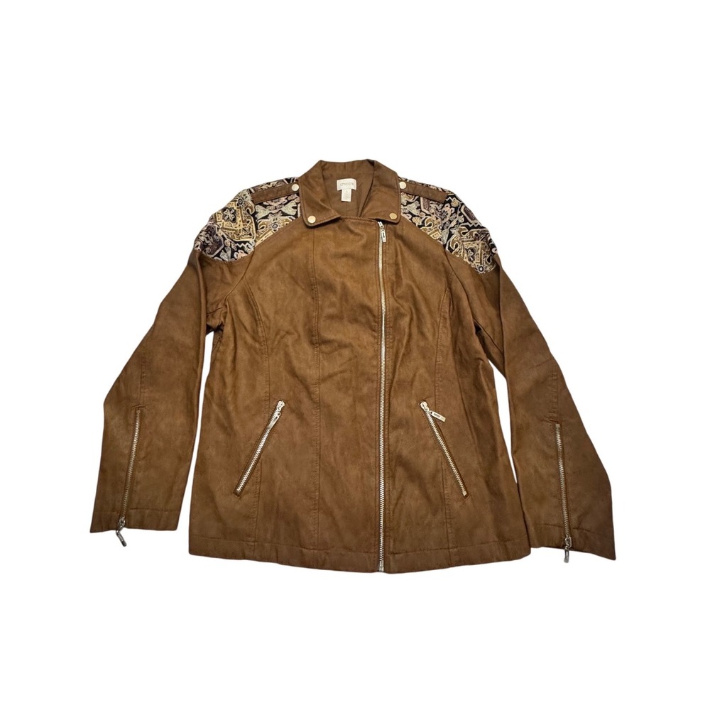 Chicos Brown Faux Leather Moto Jacket Paisley Tapestry Size 3 XL Boho Western